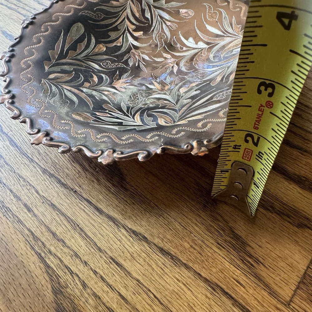 Vintage Copper Footed Bowl | Hand-Etched Boho Floral Dish | Artist Signed - Picture 13 of 13